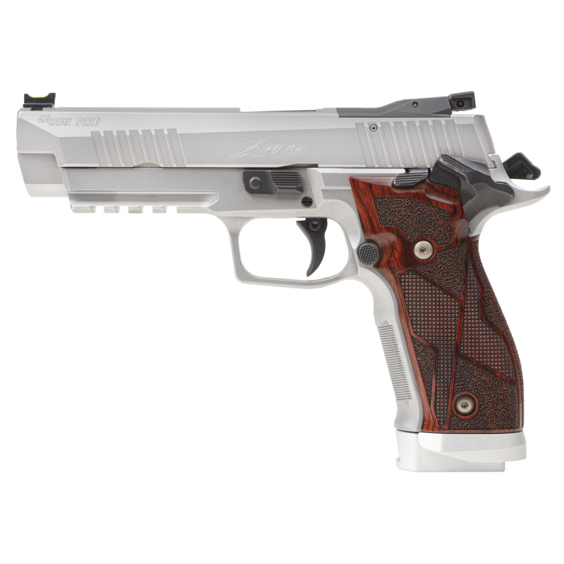 P226 X-Five, Semi-automatic, Single Action Only, Metal Frame Pistol, Full Size, 9MM, 5" Barrel, Matte Finish, Stainless Steel, Custom Hogue Cocobolo Grip with Alloy Magwell, Fiber Optic Front Sight, Adjustable Rear Sight, Optic Ready, PRO Footprint, 10 R