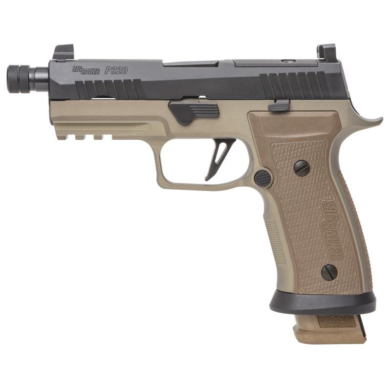 P320, AXG Combat, Custom Works, Semi-automatic, Striker Fired, Metal Frame Pistol, 9mm, 9MM, 4.6" Threaded Barrel, Threaded 1X28", Anodized Finish, Flat Dark Earth Frame, Nitrid Finish, Black Slide, Custom Works Engraved Optic Ready Slide, Hogue G10 Coyo