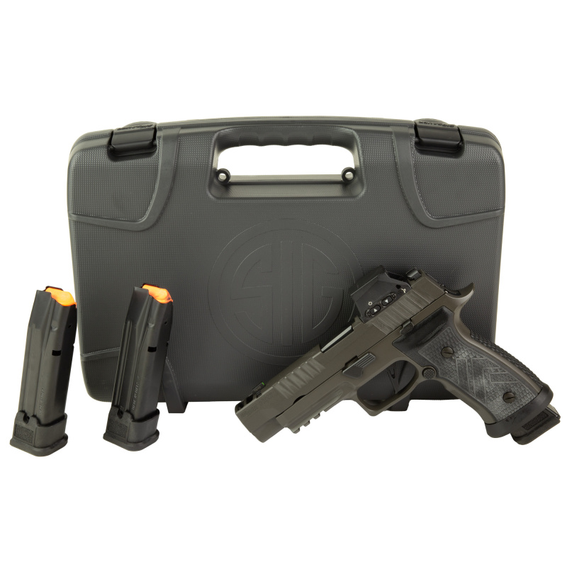 P320 AXG Legion, Semi-automatic, Striker Fired, Metal Frame Pistol, Full Size, 9MM, 3.9" Barrel, Integrated Expansion Chamber, Cerakote Finish, Legion Gray, Optics Ready, XRAY3 Day/Night Sights, AXG Grip Module, Hogue Custom G10 Grips, Flared Magwell, 21