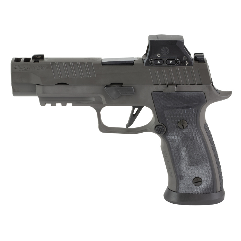 P320 AXG Legion, Semi-automatic, Striker Fired, Metal Frame Pistol, Full Size, 9MM, 3.9" Barrel, Integrated Expansion Chamber, Cerakote Finish, Legion Gray, Optics Ready, XRAY3 Day/Night Sights, AXG Grip Module, Hogue Custom G10 Grips, Flared Magwell, 10