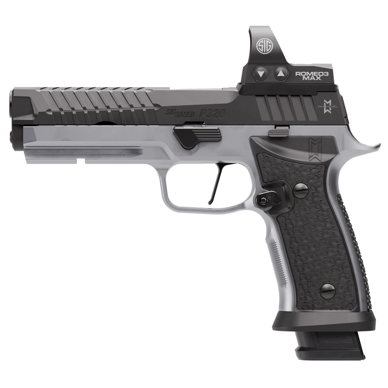 P320 MAX SXG, Semi-automatic, Striker Fired, Metal Frame Pistol, Full Size, 9MM, 5" Bull Barrel, Nitron Finished Slide, Black, Silver Frame, Romeo3 Max 6MOA Pro Optic, Pro Optic Footprint, Hogue Aluminum Recreation Grips, Flared Magwell, 10 Rounds, 4 Mag