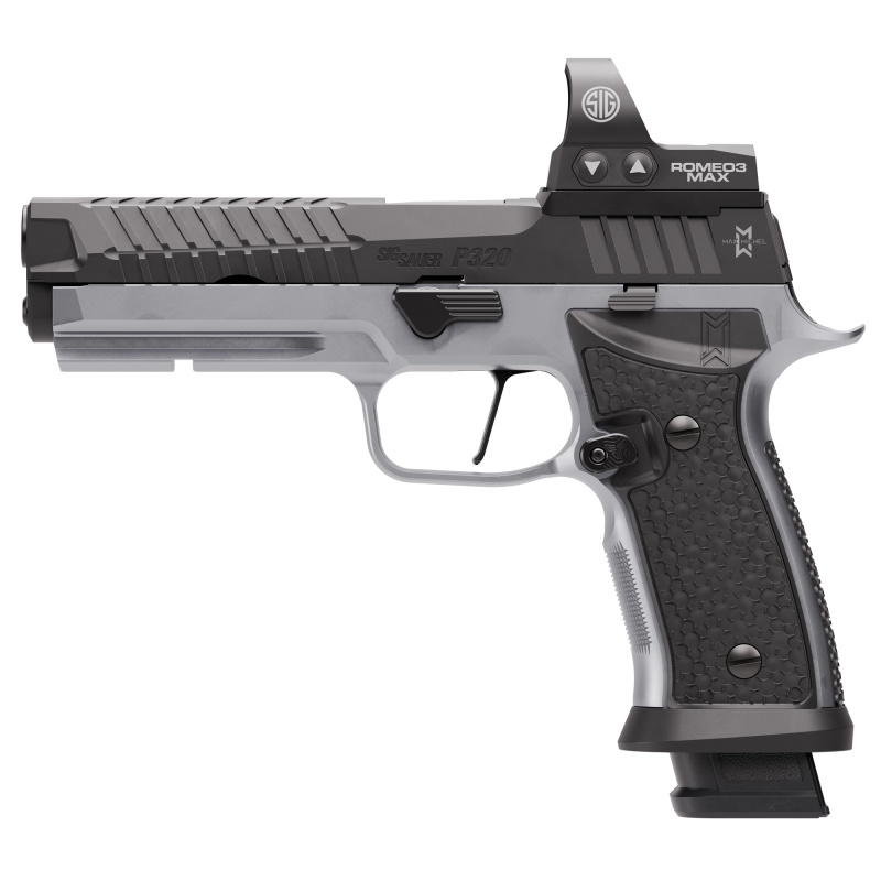 P320 MAX SXG 9MM, 5" Bull Barrel, Black Nitron Finished Slide, Silver Metal Frame, Romeo3 Max 6MOA Pro Optic, Pro Optic Footprint, Hogue Aluminum Recreation Grips, Flared Magwell, 21 Rounds, 4 Mags, Semi-automatic, Striker Fired, Full Size