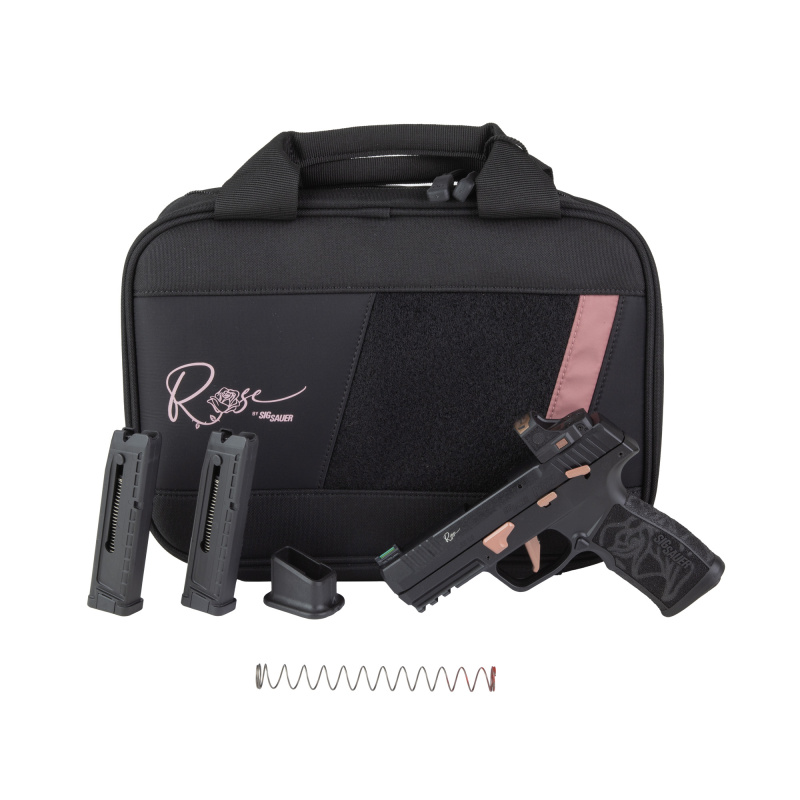 P322 ROSE, Semi-automatic, Single Action Only, Polymer Frame Pistol, Compact, 22LR, 4" Threaded Barrel with 1/2x28 Adapter, Matte Finish, Black with Rose Gold Accents, Polymer Grip, Fiber Optic Sights, ROMEO-RS ROSE Optic, Manual Safety, 10 Rounds, 3 Mag