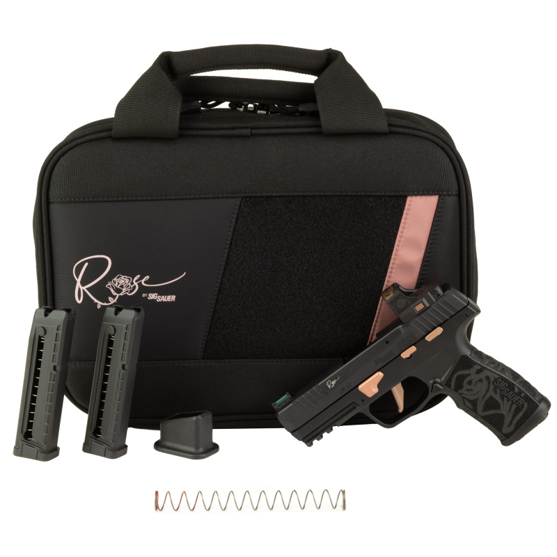P322 ROSE, Semi-automatic, Single Action Only, Polymer Frame Pistol, Compact, 22 LR, 4" Threaded Barrel with 1/2x28 Adapter, Matte Finish, Black with Rose Gold Accents, Polymer Grip, Fiber Optic Sights, ROMEO-RS ROSE Optic, Manual Safety, 20 Rounds, 3 Ma