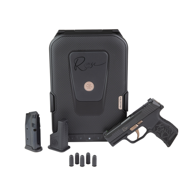 P365 ROSE, Striker Fired, Semi-automatic, Poylmer Frame Pistol, Micro-Compact, 380 ACP, 3.1" Barrel, Nitron Finish, Black, Rose Gold Controls, Laser Engraved Grip Module, XRAY 3 Day/Night Sights, SIG-LOC Optic Ready Slide, 10 Rounds, 2 Magazines, Include