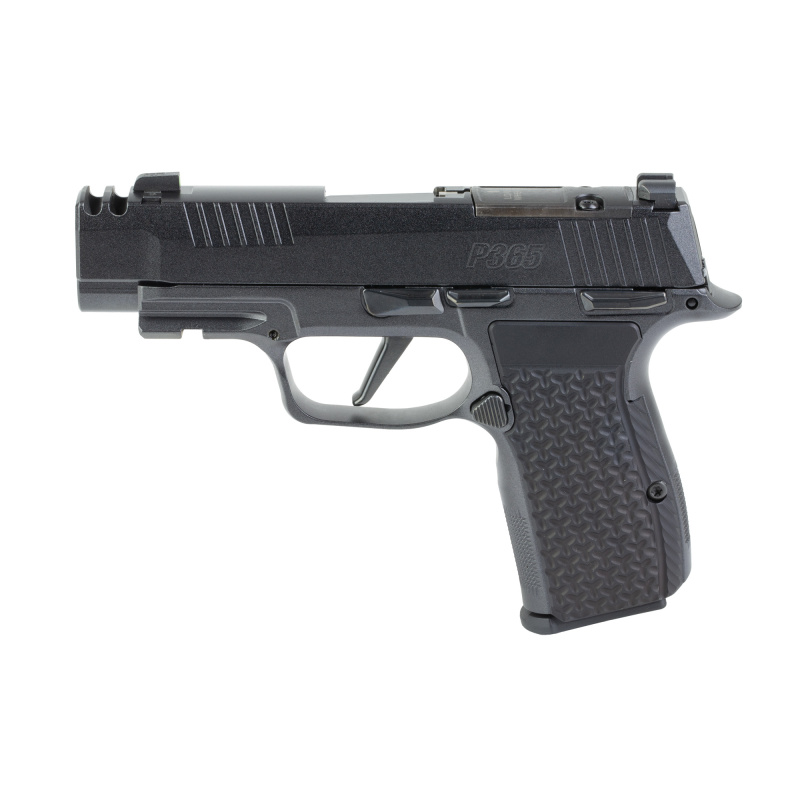 P365 AXG LUXE, Semi-automatic, Striker Fired, Metal Frame Pistol, Sub-Compact, 380 ACP, 3.1" Barrel, 2 Port Slide Integrated Expansion Chamber, Cerakote Finish, Pearlescent Black, Optics Ready, XRAY3 Day/Night Sights, XL AXG Grip Module, Manual Safety, 1