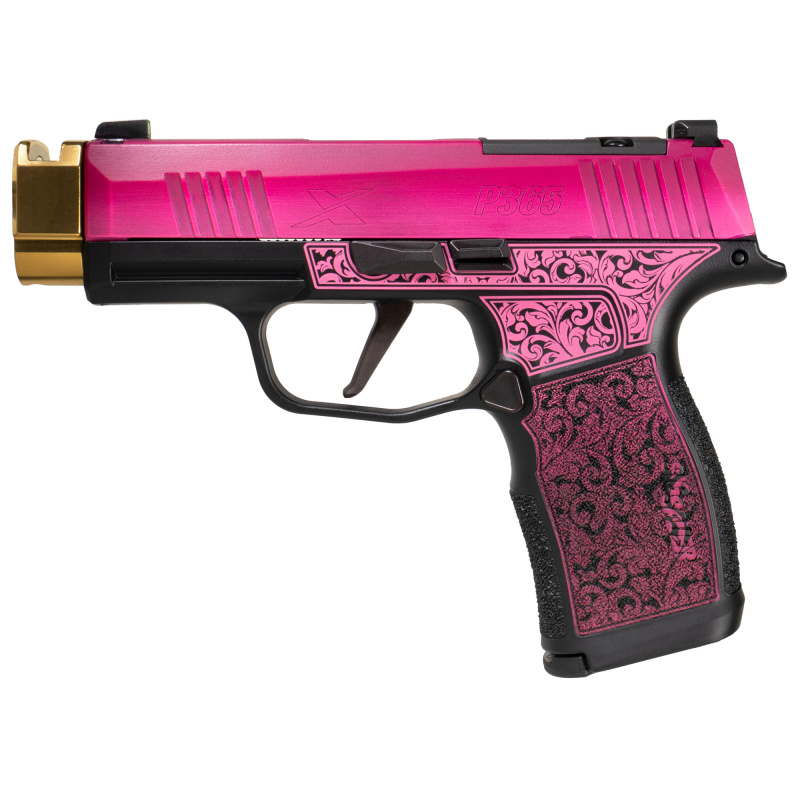 P365X, Striker Fired, Semi-automatic, Polymer Framed Pistol, Sub-Compact, 9MM, Zaffiri 3.7" Gold Colored Barrel With Threadless Compensator, Custom Lady Bug Cerakote Finish by Shark Coast Tactical, XRAY3 Day/Night Sights, Optic Ready, 12 Rounds, 2 Magazi