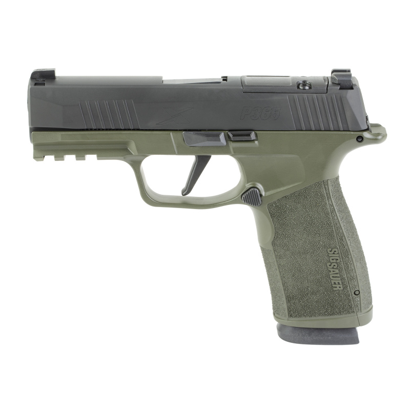 P365X-MACRO Fortunate Sun, Semi-automatic, Striker Fired, Polymer Frame Pistol, Sub-compact, 3.7" Barrel, Nitron Finish, Green and Black, Optics Ready, X-RAY3 Day/Night Sights, Modular Polymer Grips, 17 Rounds, 2 Magazines 365XCA-9-BXR3-FS
