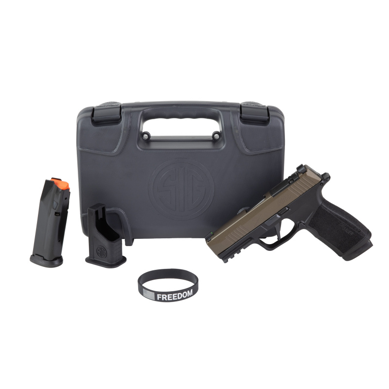 P365 Macro, Semi-automatic, Striker Fired, Polymer Frame Pistol, Compact, 9MM, 3.7" Barrel, Matte Finish, Black and Bronze, X-RAY3 Day/Night Sights, Optic Ready, Non-Manual Safety, 17 Rounds, "Freedom" Engraving on Slide, 2 Magazines 365XCA-9-FBZXR3