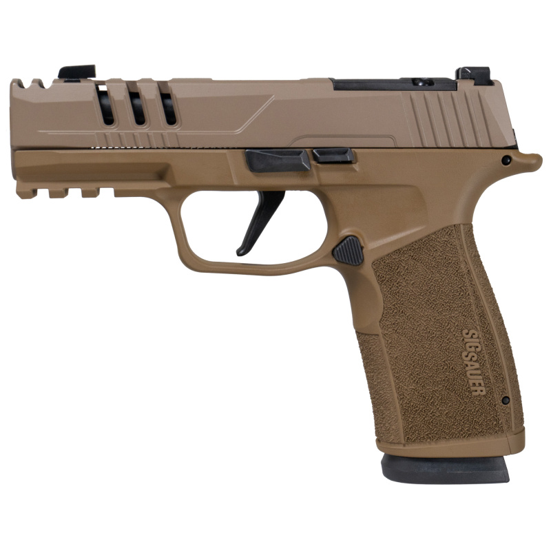 P365, XMacro, Striker Fired, Semi-automatic, Polymer Framed Pistol, Sub-Compact, 9MM, 3.1" Barrel, Sand Cerakote Finish, XRAY3 Day/Night Sights, Optic Ready, 17 Rounds, 2 Magazines, Compensated, Cut Slide 365XCA-9-COMP