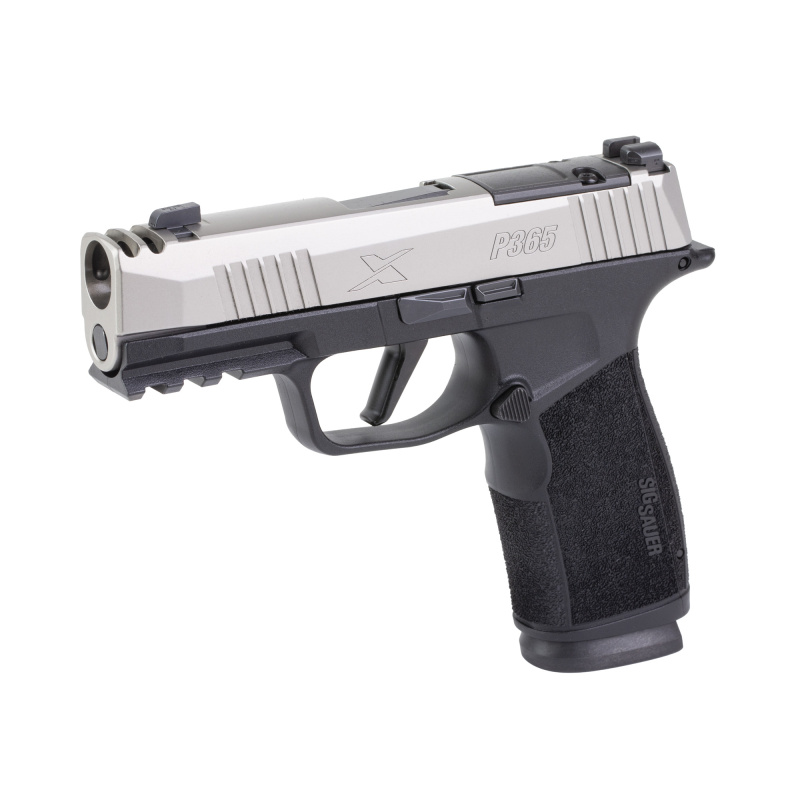 P365-XMACRO Comp, Semi-automatic, Striker Fired, Polymer Frame Pistol, Compact, 9MM, 3.1" Integrally Compensated Barrel, Nitron Finish, Silver Slide, Black Frame, Macro-Compact Grip Module with 1913 Rail, XRAY3 Day/Night Sights, Optic Ready, Shield RMSc