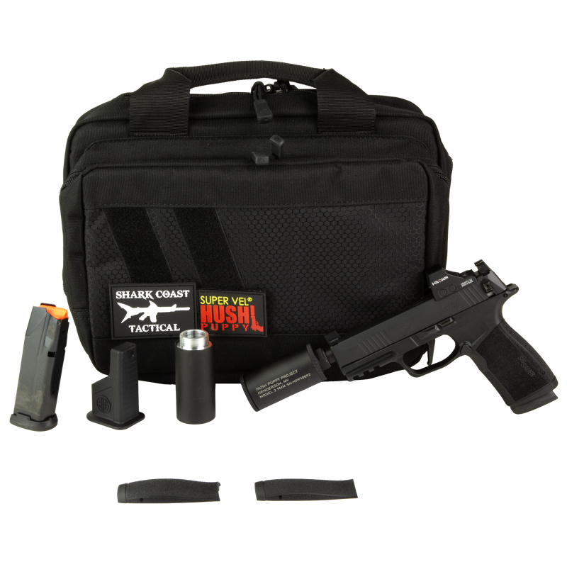 P365 XMacro Hush Puppy, Semi-automatic, Striker Fired, Polymer Frame Pistol, 4.3" Threaded Barrel, 1/2X28 Thread Pitch, Cerakote Finish, Black, Suppressor Height Sights, Holosun 407K Red Dot, 17 Rounds, Includes Compact Hush Puppy Project Model 2 Suppres