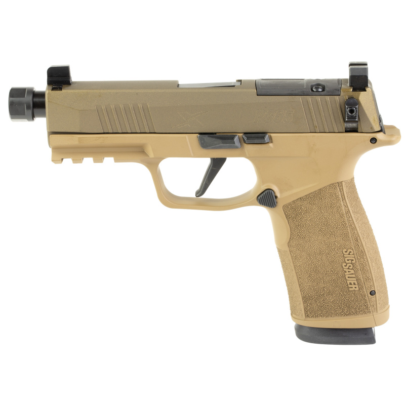 P365 XMacro, Striker Fired, Semi-automatic, Polymer Framed Pistol, Sub-Compact, 9MM, 4.3" Threaded Barrel, Suppressor Height Sights, Cerakote Finish, Flat Dark Earth, Optics Ready, 17 Rounds, 2 Magazines, Includes Hush Puppy SlideLock Lever 365XCA-9-BXR3