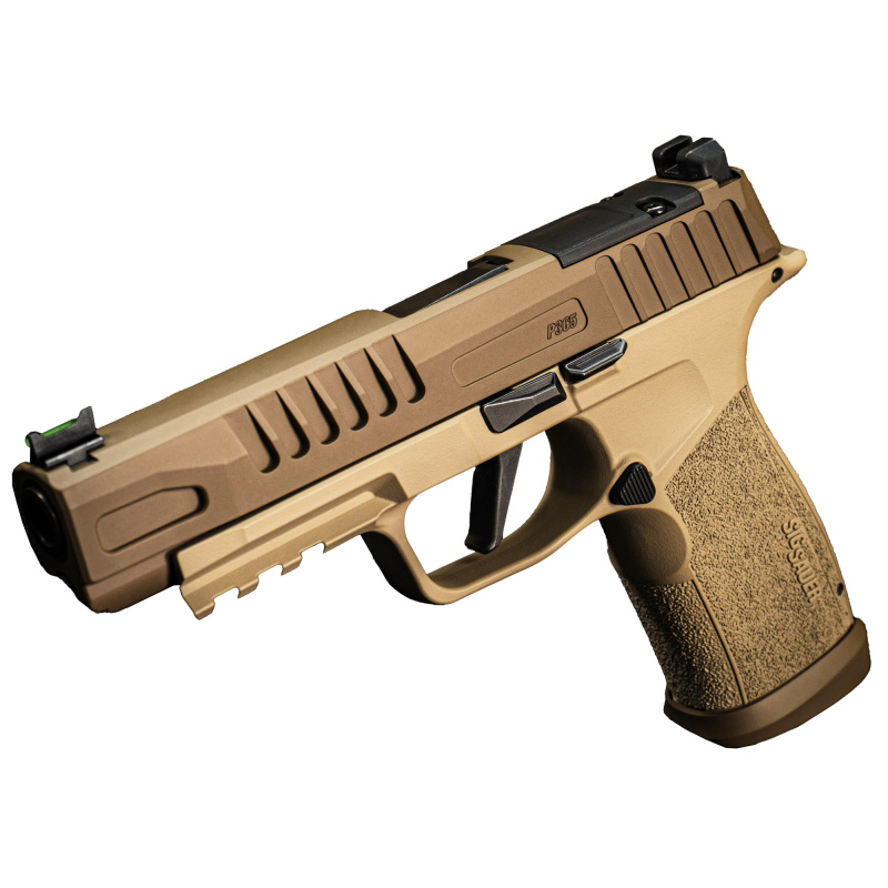 P365 Fuse, Semi-automatic, Striker Fired, Polymer Frame Pistol, Compact, 9MM, 4.3" Barrel, Cerakote Finish, Custom 2-Tone Tan by Shark Coast Tactical, Sig Sauer LXG Grip, Fiber Optic Front and Low Profile Combat Rear Sights, 3 Magazines, (2)-21 Round Mag