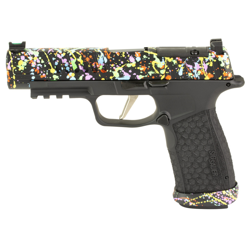 P365 Fuse, Semi-automatic, Polymer Frame Pistol, Compact, 9MM, 4.3" Barrel, Cerakote Finish, Black with 80s Retro Neon Splatter Pattern, Sig Sauer LXG Grip, Fiber Optic Front and Low Profile Combat Rear Sights, 3 Magazines, (2)-21 Round Magazines and (1)