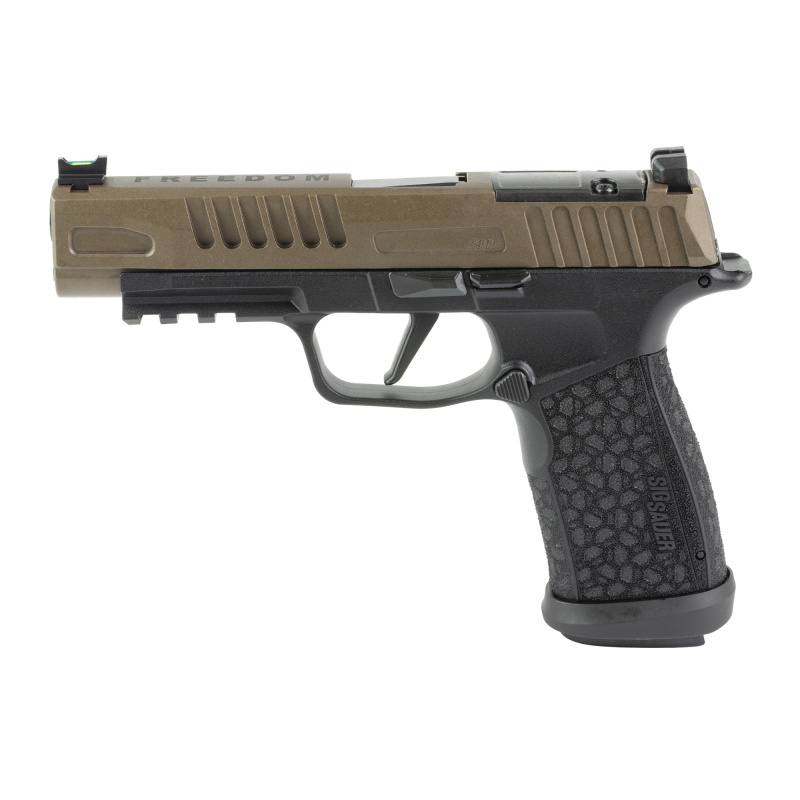 P365 Fuse, Semi-automatic, Striker Fired, Polymer Frame Pistol, Compact, 9MM, 4.3" Barrel, Matte Finish, Black and Bronze, Fiber Optic Front Sight, Optic Ready, Non-Manual Safety, "Freedom" Engraving on Slide, (3)-Magazines, (2)-21 Round and (1)-17 Round