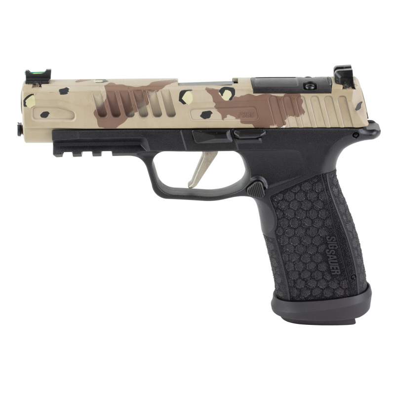 P365 Fuse, Semi-automatic, Polymer Frame Pistol, Compact, 9MM, 4.3" Barrel, Cerakote Finish, Chocolate Chip DS Camo by Skydas, Sig Sauer LXG Grip, Fiber Optic Front and Low Profile Combat Rear Sights, 3 Magazines, (2)-21 Round Magazines and (1)-17 Round