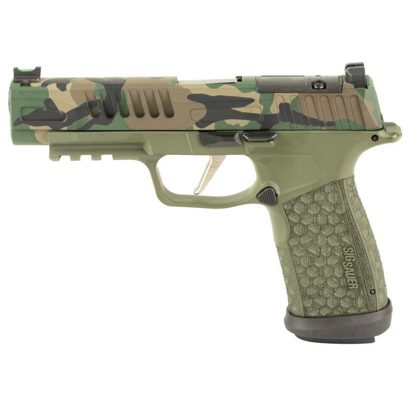 P365 Fuse, Semi-automatic, Polymer Frame Pistol, Compact, 9MM, 4.3" Barrel, Cerakote Finish, M81 Camo Slide, Olive Drab Green Frame, Sig Sauer LXG Grip, Fiber Optic Front and Low Profile Combat Rear Sights, 3 Magazines, (2)-21 Round Magazines and (1)-17