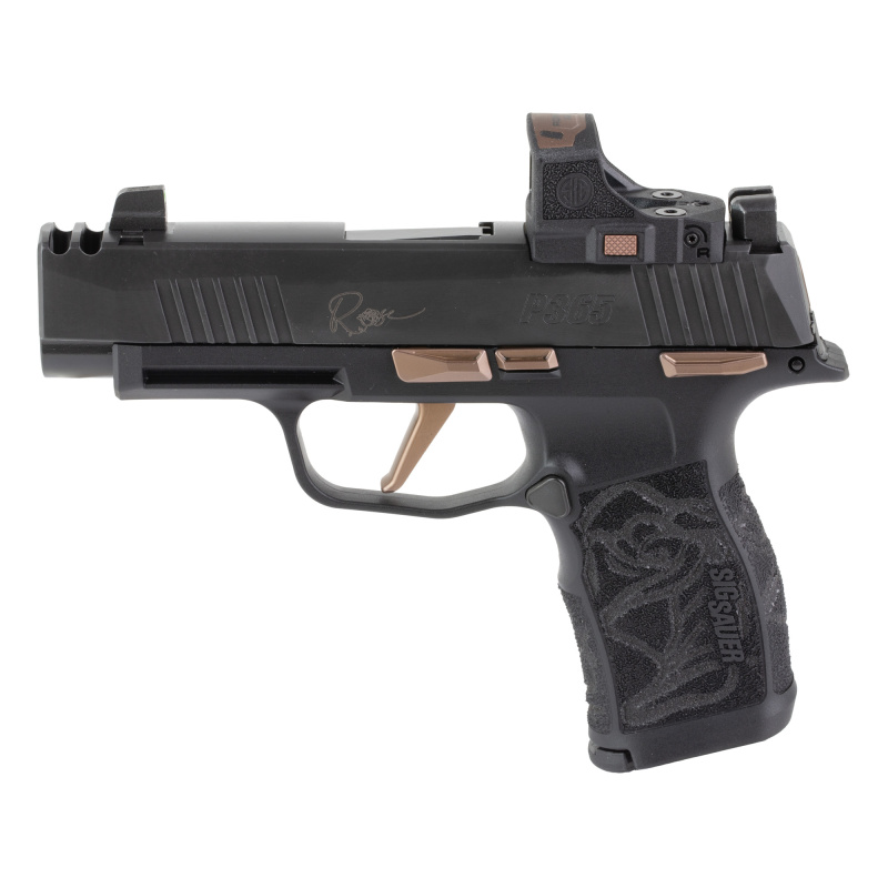 P365XL ROSE, Semi-automatic, Striker Fired, Polymer Frame Pistol, Sub-compact, 9MM, 3.1" Barrel, Nitron Finish, Black, Rose Gold Accents, ROMEO-RS Sight, X-RAY3 Day/Night Sights, Polymer Grips, Manual Safety, 12 Rounds, 2 Magazines 365XL-9-ROSE-MS-RS