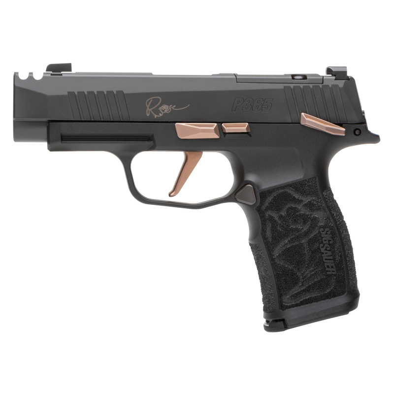 P365XL ROSE, Striker Fired, Polymer Frame Pistol, Micro-Compact, 9MM, 3.1" Integrally Compensated Barrel, Nitron Finish, Black, Rose Gold Controls, Laser Engraved Grip Module, XRAY 3 Day/Night Sights, SIG-LOC Optic Ready Slide, 12 Rounds, 2 Magazines, In