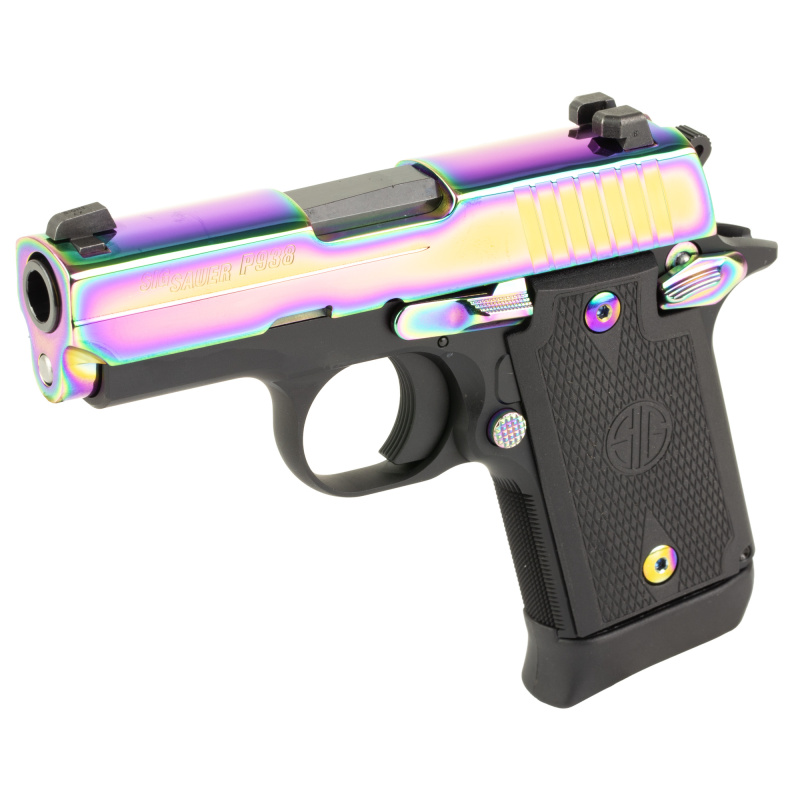 P938 Rainbow 9MM, 3" Barrel, Night Sights, PVD Finish, Rainbow Slide, Black Frame, 1 Magazine, 7 Rounds 938-9-RBT2-AMBI Semi-automatic, Single Action Only, Sub-Compact