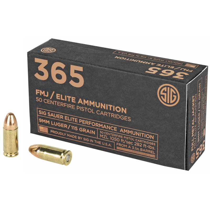 Elite Performance Ball 365 FMJ |9MM, 115 Grain, Full Metal Jacket, Designed for Short Barrel Pistols, Reduces Felt Recoil, 50 Round Box