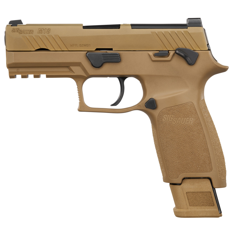 M18, Semi-automatic, Striker Fired, Polymer Frame Pistol, Carry Size, 9MM, 3.9" Barrel, PVD Finish, Coyote, Optics Ready, SIGLITE Night Sights, ManualSafety, 10 Rounds, 3 Magazines, Massachusetts Compliant M18-9-CSS-MS-MA