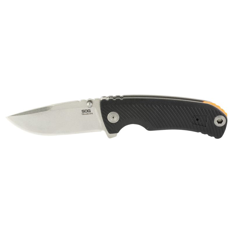 Tellus ATK, Folding Knife, 3.5" Clip Point Straight Edge, Glass Reinforced Nylon Handle, Cryo 440C Steel, Stonewash Finish, Black and Silver w/Orange Accent SOG-11-06-02-43
