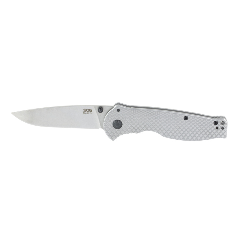 Flash II FL, Folding Knife, 3.4" Drop Point Blade, 8Cr13MoV Blade Steel, Straight Edge, Satin Finish, Silver, Silver Stainless Steel Handle, Thumb Stud Opener, Frame Lock SOG-14-18-01-57