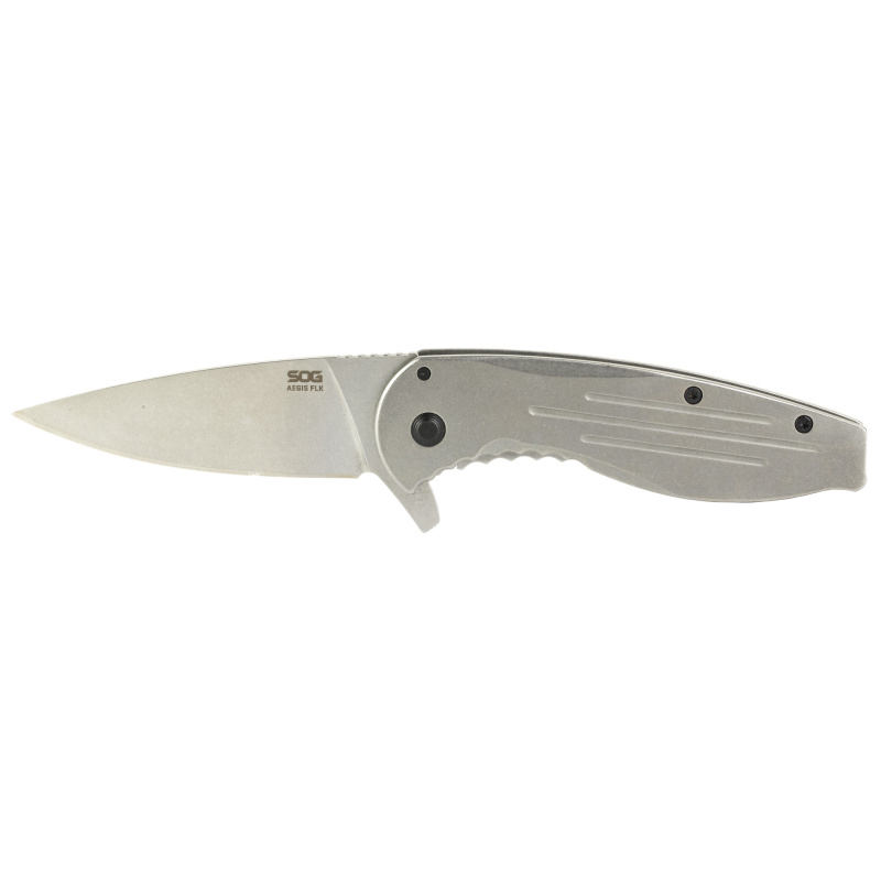 Aegis FLK, 3.4" Folding Knife, Clip Point Straight Edge, Stainless Steel Handle, 8Cr13MoV Steel, Satin Finish, Silver SOG-14-41-02-42