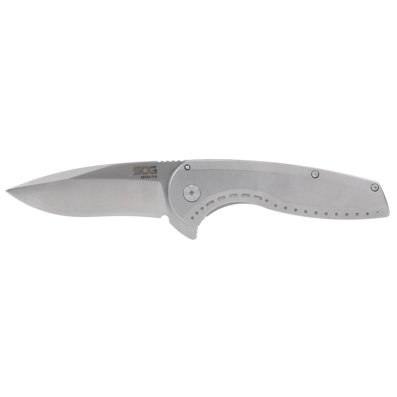 Aegis FLK 2.0, Folding Knife, 3.25" Drop Point Knife, 8" Overall Length, 8Cr13MoV Stainless Blade Steel, Straight Edge, Satin Finish, Silver, Silver 410 Stainless Steel Handle, Kick Opener, Frame Lock SOG-14-41-03-43