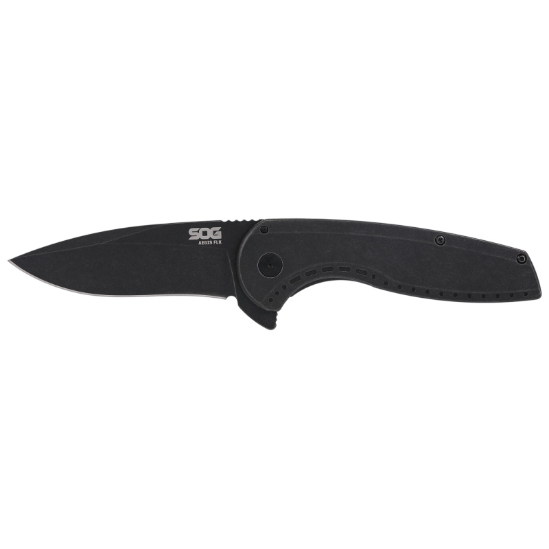 Aegis FLK 2.0, Folding Knife, 3.25" Drop Point Knife, 8" Overall Length, 8Cr13MoV Stainless Blade Steel, Straight Edge, Stonewash Finish, Black, Black 410 Stainless Steel Handle, Kick Opener, Frame Lock SOG-14-41-05-43