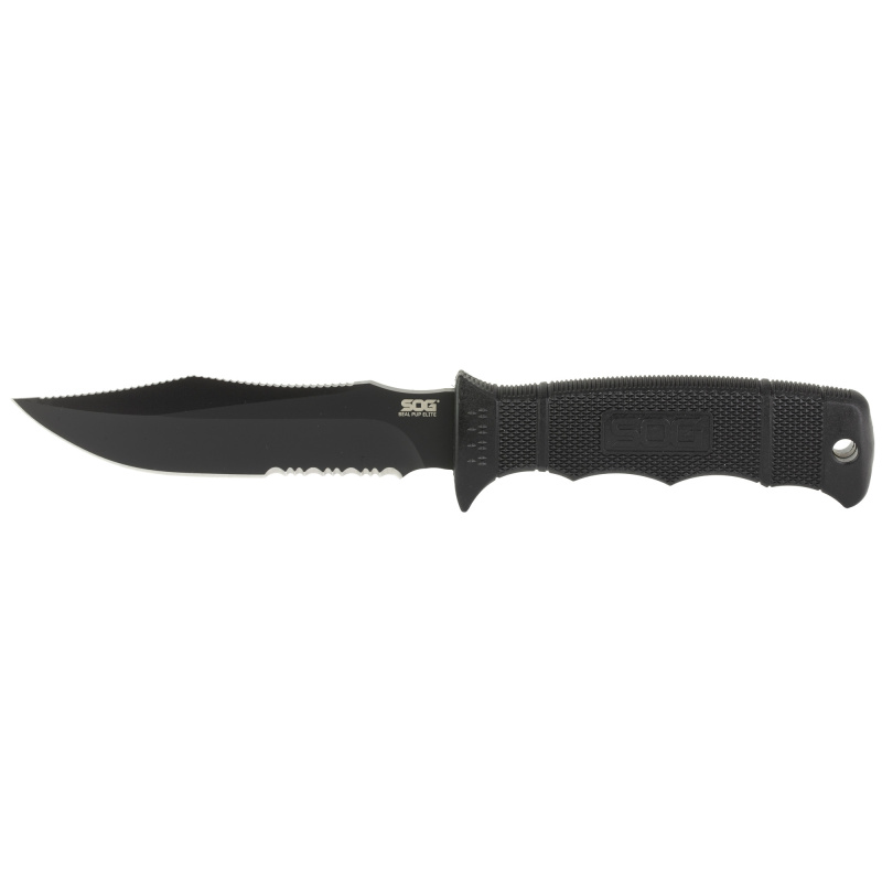 Seal Pup, Elite, Fixed Blade Knife, 4.85" Clip Point Partially Serrated Edge, Black Glass-Reinforced Nylon Handle, AUS-8 Steel, Hardcased Finish, Black, Includes Kydex Sheath SOG-E37T-K