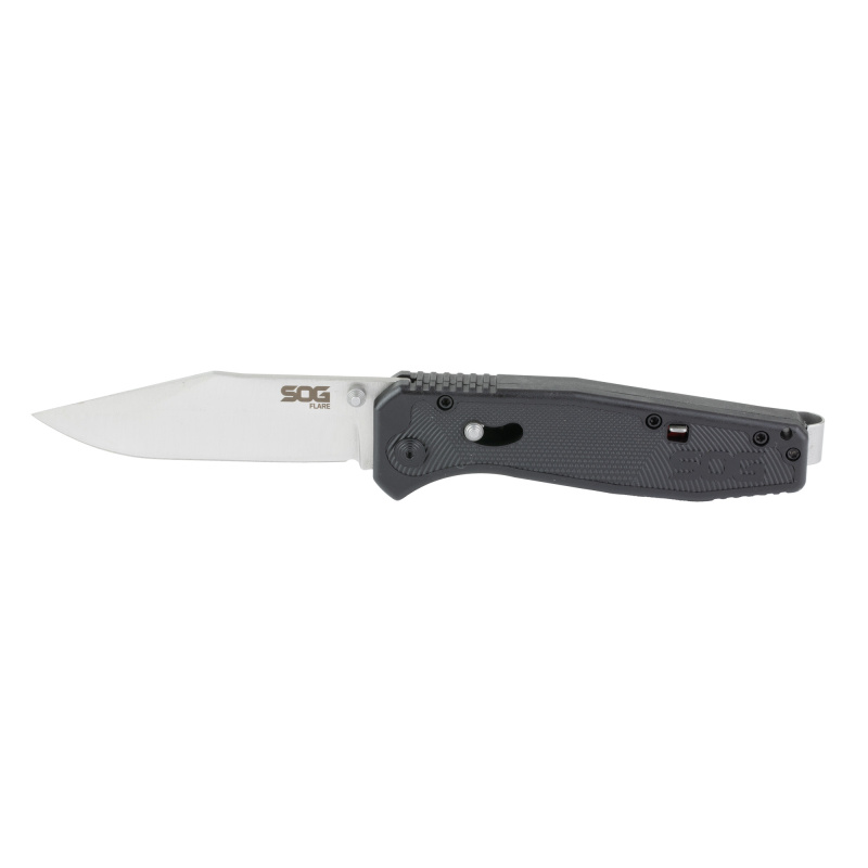 Flare, Folding Knife, 3.5" Clip Point Blade, 8" Overall Length, 8Cr13MoV Steel, Satin Finish Blade Steel, Straight Edge, Silver, Black Glass-Reinforced Nylon Handle, SAT Opener, Button Lock SOG-FLA1001-CP
