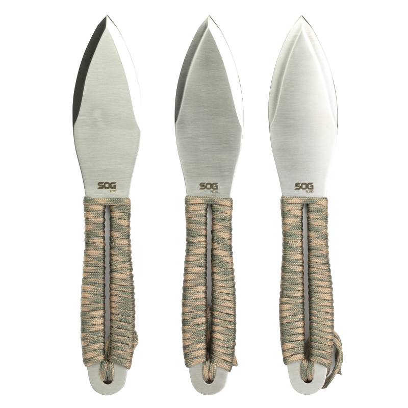 Fling, Throwing Knife, 4.4" Straight Edge Spear Point, Green and Tan Paracord Handle, 3Cr13 Steel, Satin Finish, Silver, Includes Nylon Sheath, 3 Pack SOG-FX41N-CP