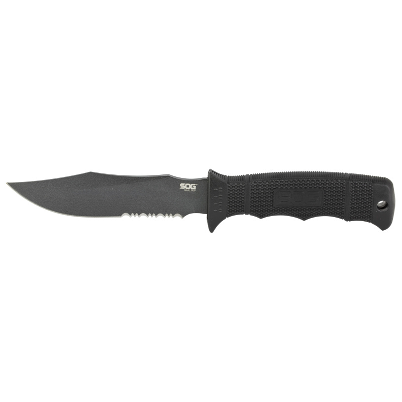 Seal Pup, Fixed Blade Knife, 4.75" Partially Serrated, Clip Point, Black Glass Reinforced Nylon Handle, AUS-8 Steel, Hardcased Finish, Black, Includes Kydex Sheath SOG-M37K