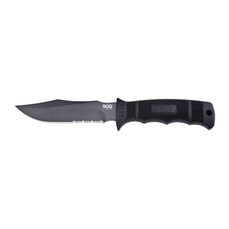 Seal Pup, Fixed Blade Knife, 4.75" Partially Serrated, Clip Point, Black Glass Reinforced Nylon Handle, AUS-8 Steel, Hardcased Finish, Black, Includes Nylon Sheath SOG-M37N-CP