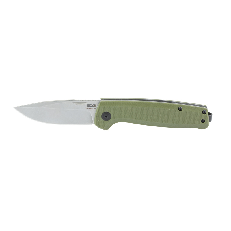 Terminus SJ, Folding Knife, 2.9" Clip Point Blade,7.1" Overall Length, CRYO D2 Blade Steel, Plain Edge, Stonewash Finish, Silver, Olive Drab Green G10 Handle, Nail Nick Opener, Slip Joint Lock SOG-TM1004-BX