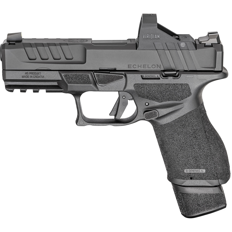 Echelon 4.0C, Semi-automatic, Striker Fired, Polymer Framed Pistol, Comp Size, 9MM, 4" Barrel, Melonite Finish, Black, Optics Ready Slide, Front Tritium Night Sight, Tactical Rack U-Dot Rear, Viridian Green Dot, 4 Magazines, (3)-18 Round and (1)-15 Round