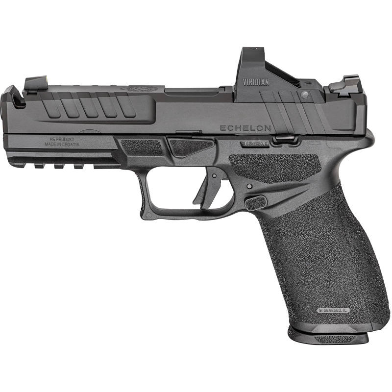 Echelon, Semi-automatic, Striker Fired, Polymer Framed Pistol, Full Size, 9MM, 4.5" Barrel with Integral Compensator, Melonite Finish, Black, Optics Ready Slide, Tritium/Luminescent Front, Tactical Rack U-Dot Rear Sight, Viridian Green Dot, 4 Magazines,