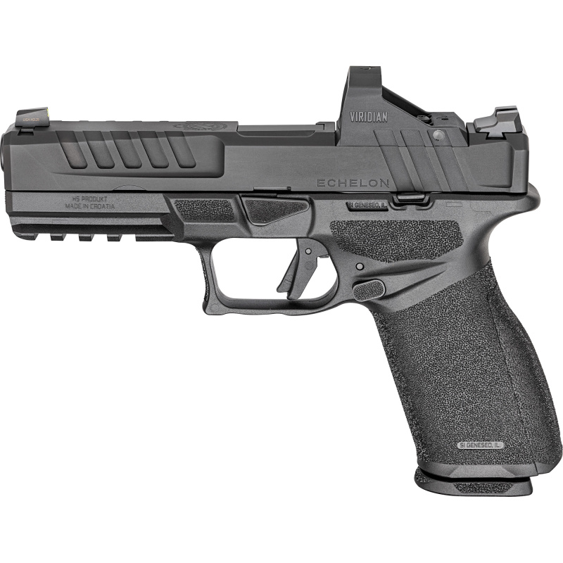 Echelon, Semi-automatic, Striker Fired, Polymer Framed Pistol, Full Size, 9MM, 4.5" Barrel, Melonite Finish, Black, Optics Ready Slide, Front Tritium Night Sight, Tactical Rack U-Dot Rear, Viridian Green Dot, Manual Safety, 10 Rounds, 4 Magazines, Includ