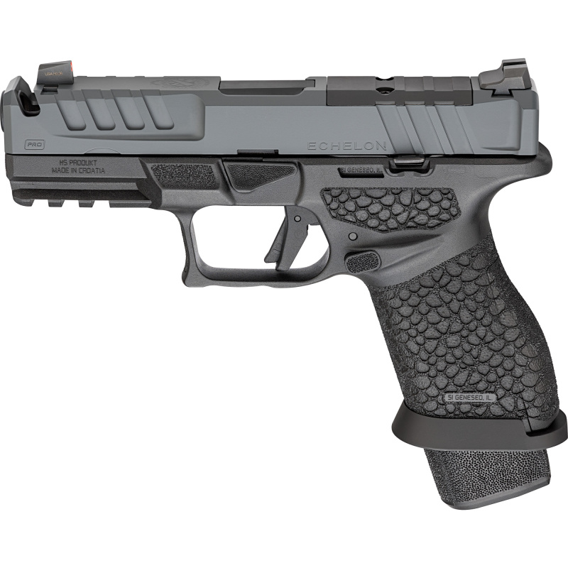 Echelon Pro 4.0C Comp, Semi-automatic, Striker Fired, Polymer Frame Pistol, Compact, 9MM, 4" Barrel with Integrally Compensated Slide, Matte Black Frame, Gray Cerakote Slide, Textured Grip, Optics Ready, Front Tritium Night Sight, Tactical Rack U-Dot Rea
