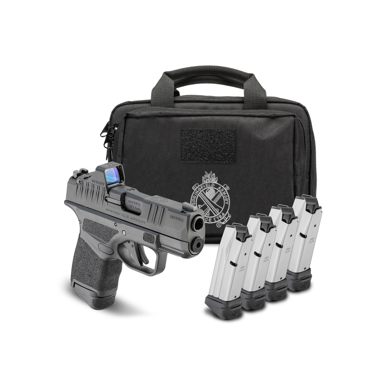 Hellcat OSP, Semi-automatic, Striker Fired, Polymer Frame Pistol, Sub-Compact, 380 ACP, 3" Hammer Forged Barrel, Melonite Finish, Black, Textured Grip, Tritium Front Sight, Tactical Rack Rear Sight, Viridian Green Dot Optic, 4 Magazines, (3)-13 Round and