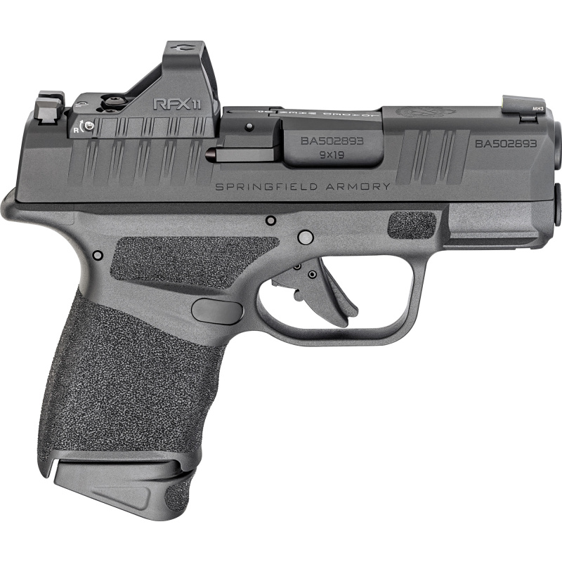 Hellcat, OSP, Striker Fired, Semi-automatic, Polymer Frame Pistol, Sub-Compact, 9MM, 3" Hammer Forged Barrel, Melonite Finish, Black, Textured Grips, Tritium Night Sights, Viridian Green Dot, Manual Thumb Safety, 4 Magazines, (1) - 11 Round & (3) - 13 Ro