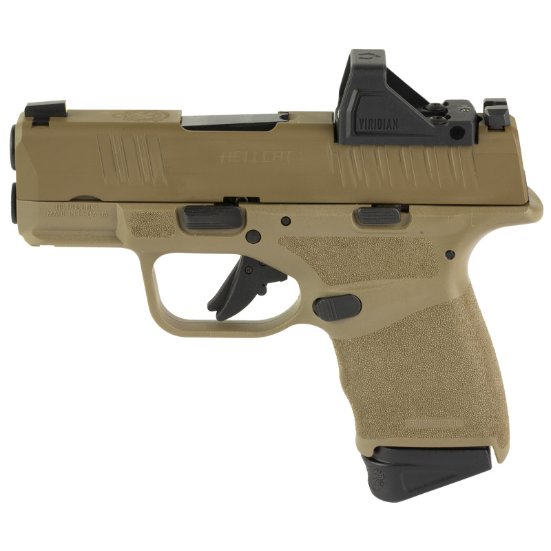 Hellcat, Striker Fired, Semi-automatic, Polymer Frame Pistol, Micro-Compact, 9MM, 3" Hammer Forged Barrel, Cerakote Finish, Flat Dark Earth, Viridian RFX-11 Green Dot Sight, Textured Grips, Tritium/Luminescent Front Sight, Tactical Rack U-Notch Rear Sigh