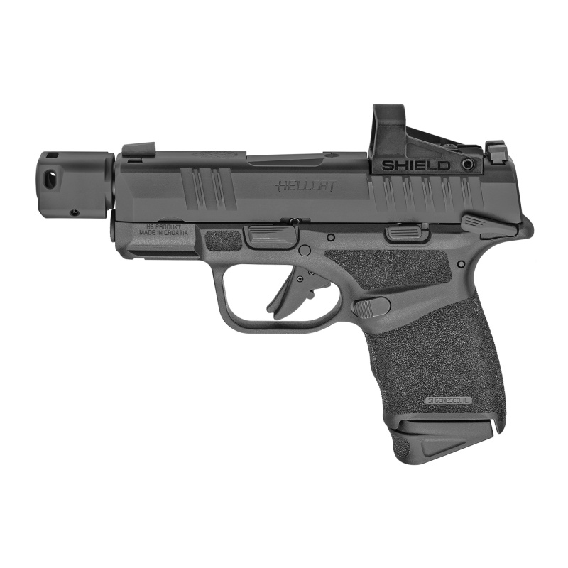 Hellcat RDP, Semi-automatic, Striker Fired, Micro Compact, 9MM, 3.8" Barrel with Compensator, Ambi Thumb Safety, Black Melonite Finish, Shield SMSc Reflex Sight, Front Tritium Night Sight, Tactical Rack U-Notch Rear Sight, 1-13Rd Magazine, 1-11Rd Magazin