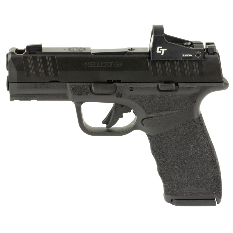 Hellcat Pro Comp OSP, Striker Fired, Semi-automatic Pistol, 9MM, 3.7" Hammer Forged Barrel with Comp, Melonite Finish, Black, Crimson Trace CT-1500 Red Dot Sight, Adaptive Grip Texture, White Dot Front Sight, Tactical Rack U-Notch Rear Sight, 5 Magazines