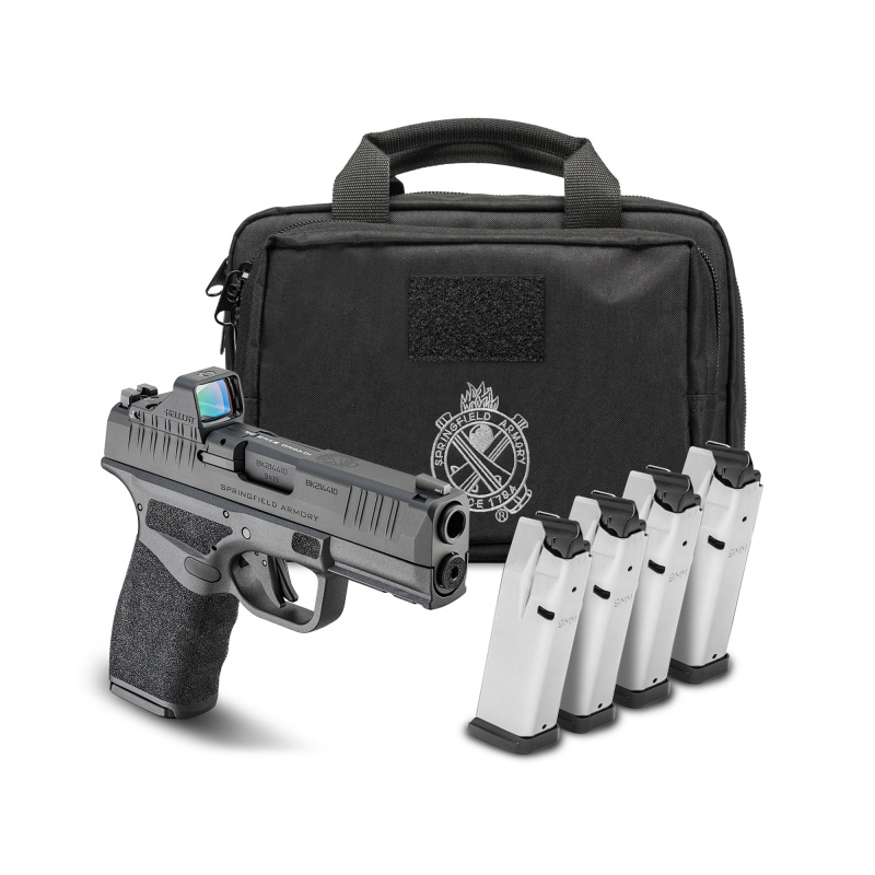 Hellcat Pro, Striker Fired, Semi-automatic, Polymer Frame Pistol, 9MM, 3.7" Hammer Forged Barrel, Melonite Finish, Black Polymer Frame, Textured Grip, Tritium Front Sight, Tactical Rack Rear Sight, Viridian Green Dot, 10 Rounds, 4 Magazines, Includes Ran