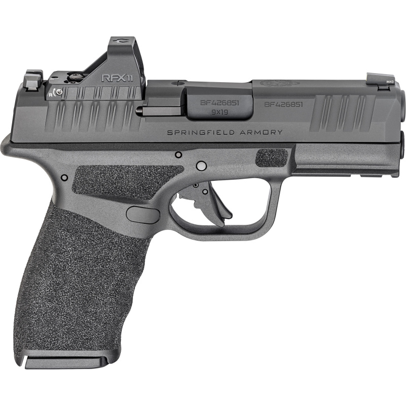 Hellcat Pro Comp OSP, Striker Fired, Semi-automatic Pistol, 9MM, 3.7" Hammer Forged Barrel with Comp, Melonite Finish, Black, Adaptive Grip Texture, Tritium Front Sight, Tactical Rack U-Notch Rear, Viridian Green Dot, 4 Magazines, 10 Rounds, Includes Ran