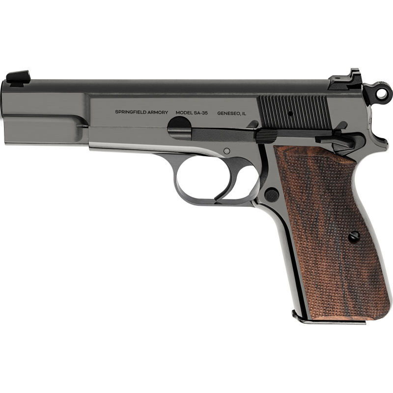 SA-35, Single Action, Semi-automatic, Metal Frame Pistol, Full Size, 9MM, 4.7" Forged Barrel, Polished Blued Finish, Checkered Walnut Grips, White Dot Front Sight and Serrated Tactical Rack Rear Sight, 15 Rounds, 1 Magazine HP9202